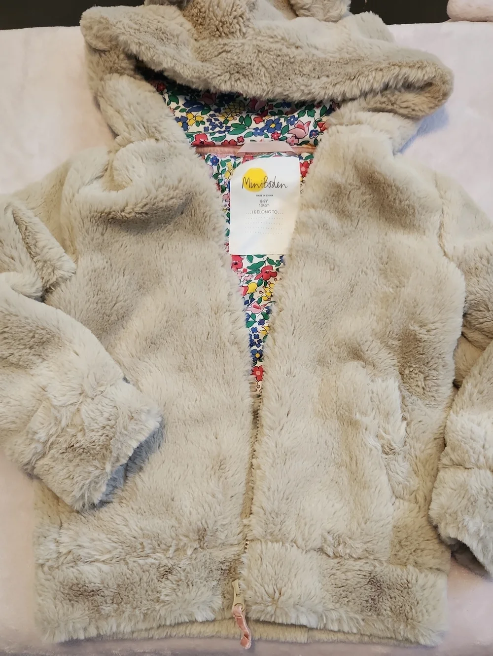 Mini Boden Cream Plush Hooded Puffer Jacket with Floral Lining